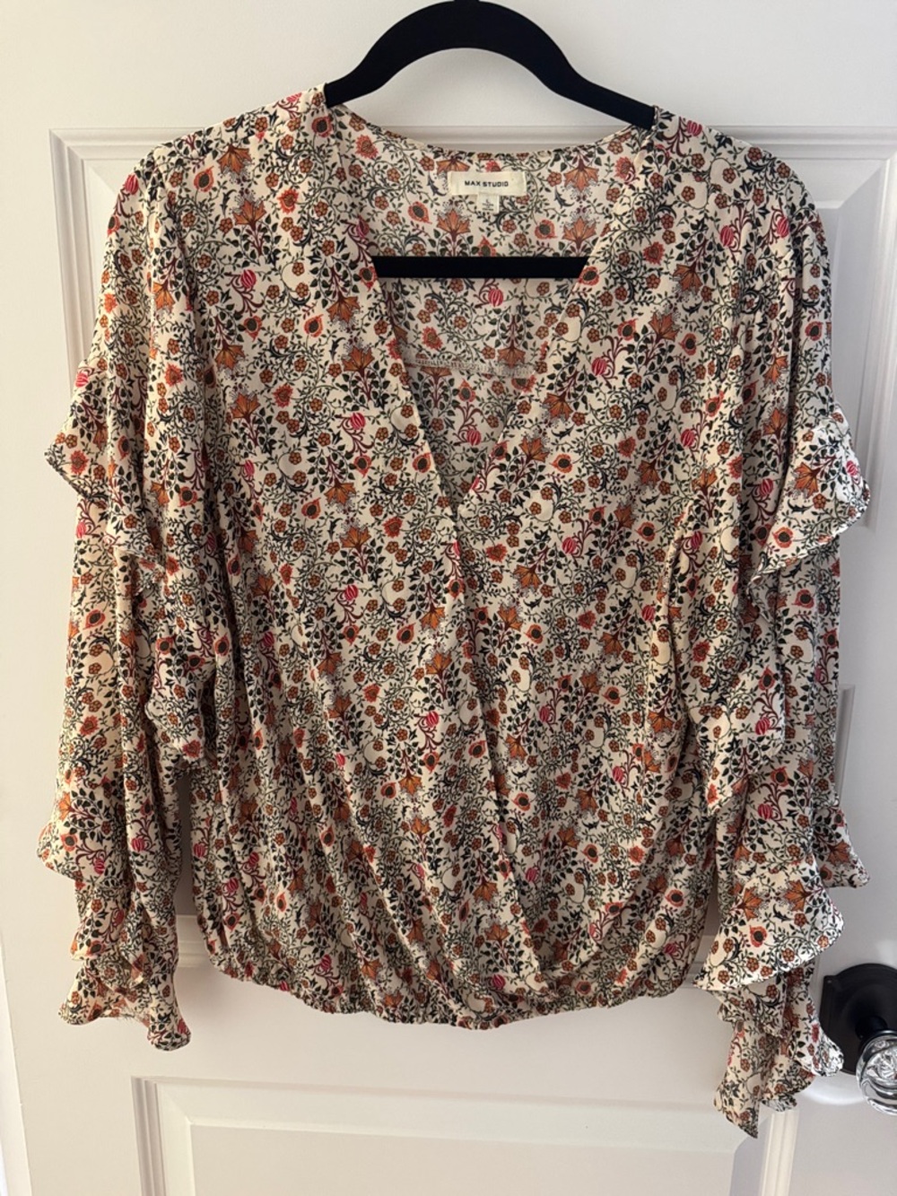 Max Studio Cream Floral Ruffle-Sleeve Wrap Blouse